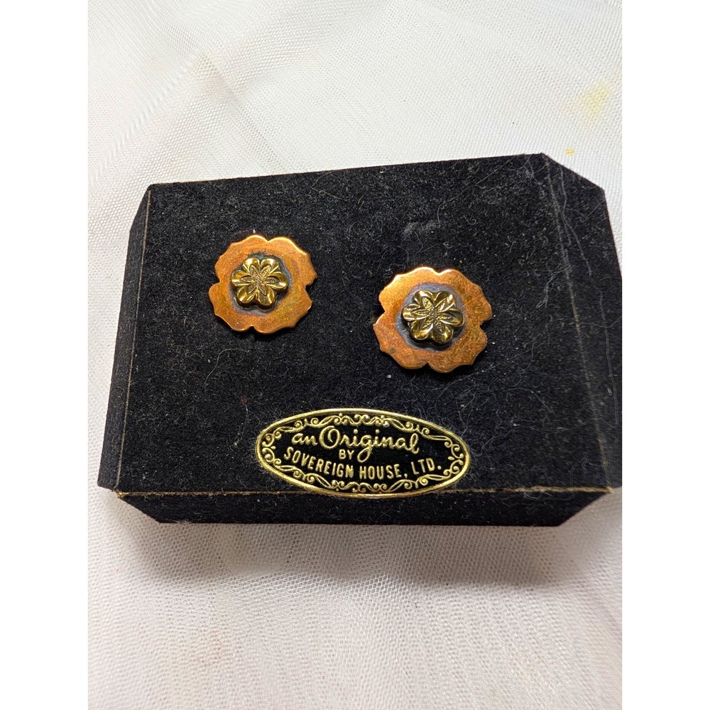 Vintage Mixed Metal Copper Brass Flower Clip Earrings  |Sovereign House Original